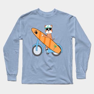 Kawaii surfer dog cycling and holding a surfboard Long Sleeve T-Shirt